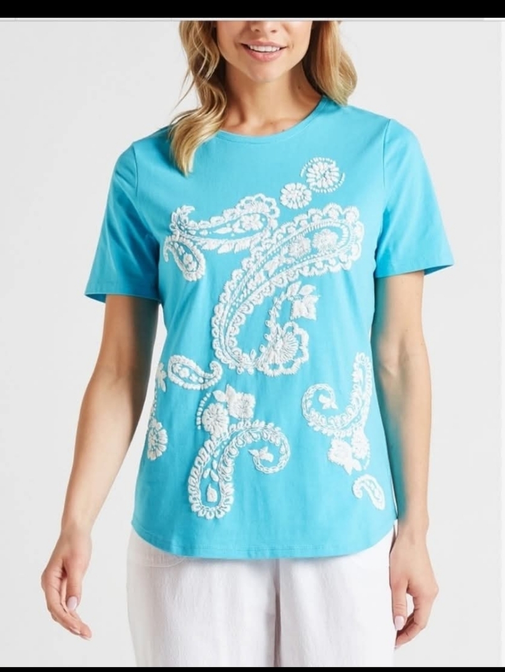 NWT Rebecca Malone Blue Atoll Paisley Crewneck Tee Sz L